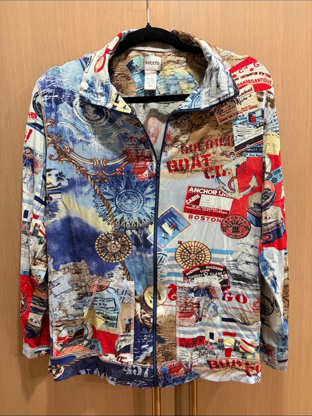Chico's Nautical Patchwork Print Zip Jacket - Blue, Red, White, Tan